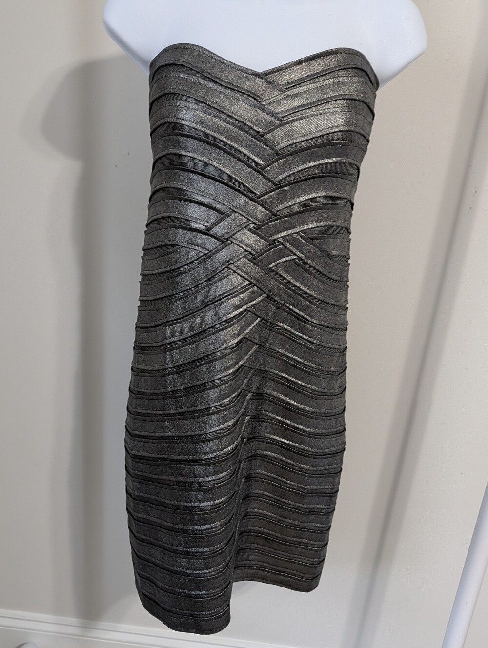BCBGMaxAzria Metallic Charcoal Strapless Bandage Dress